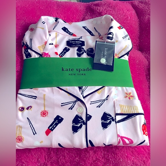 💘 Kate Spade Pj Pajama Long Sleeve Notch Collar Set Size L Cosmetics Theme New - Picture 1 of 4